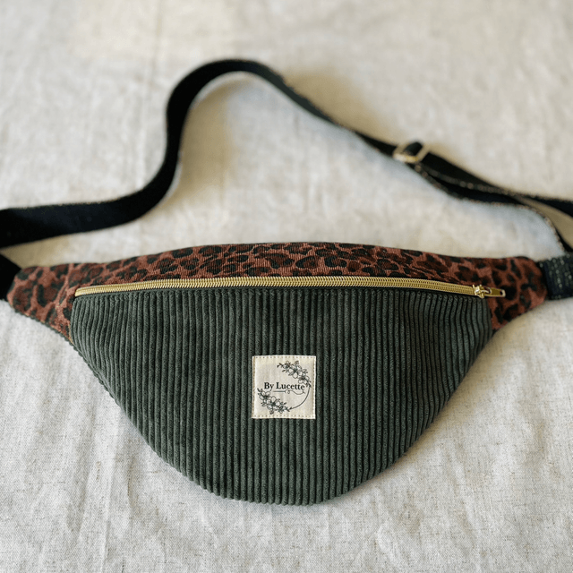 Sac banane léopard et velours kaki S