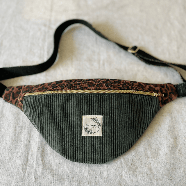 Sac banane léopard et velours kaki S