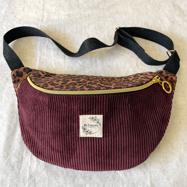 Sac banane en velours léopard et bordeaux XL